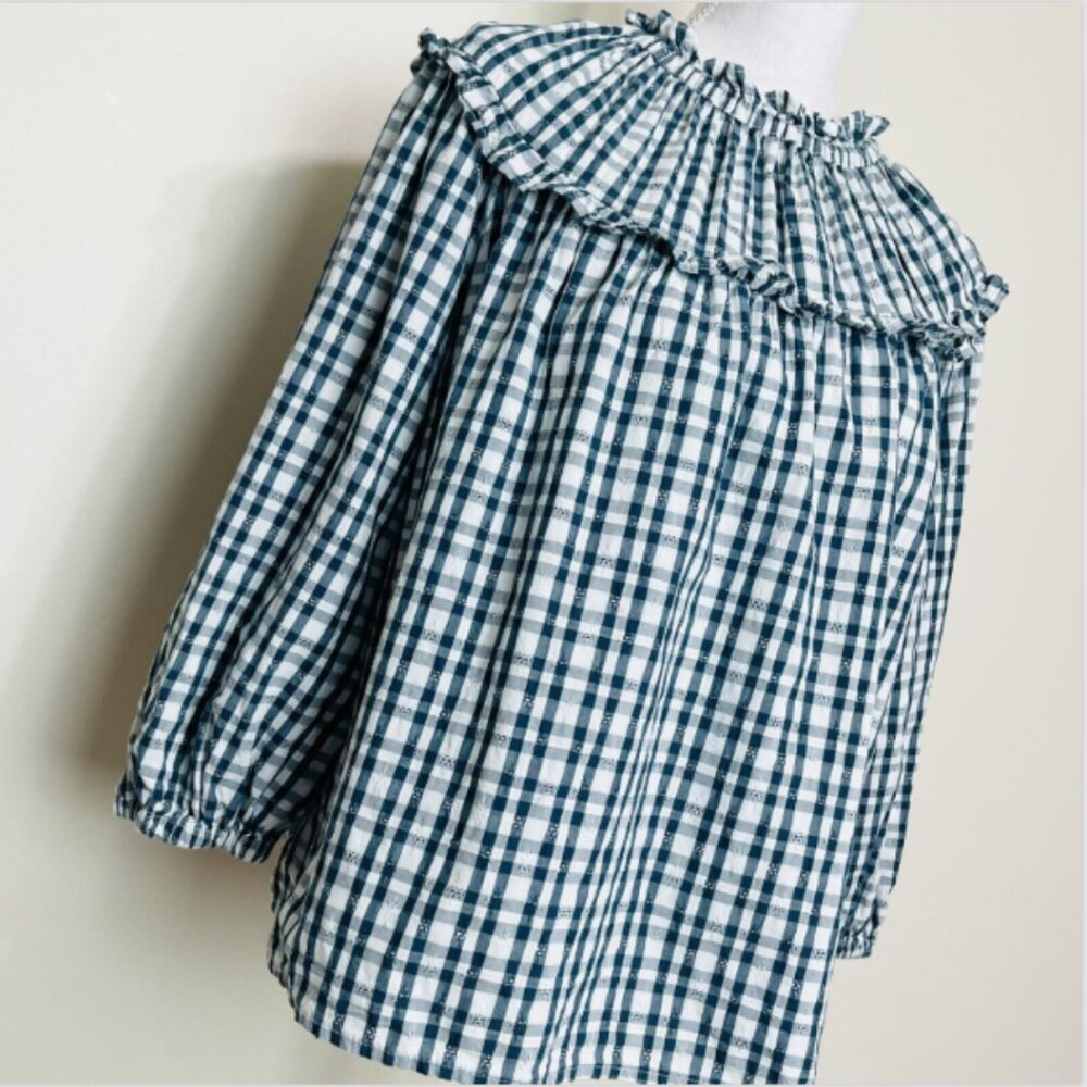 G00331 Universal Threads Blouse Teal White Gingham Ruffle Long Sleeve MEDIUM - Picture 3 of 10